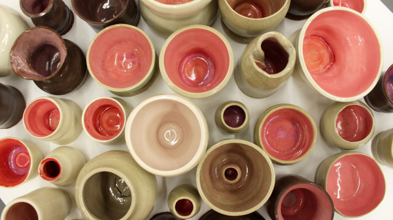 “A study for holding …” (detail), 2021-2022; ceramic greenware, bisque, and glazed vessels. Photo courtesy of the artists